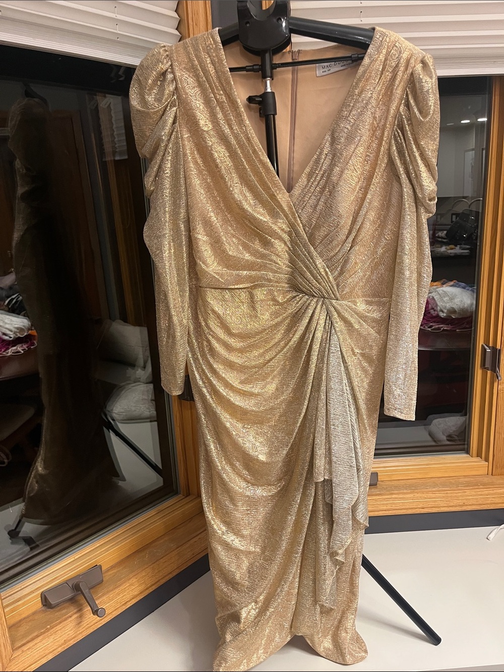 Mac Duggal rose gold long-sleeve midi formal dress 14W